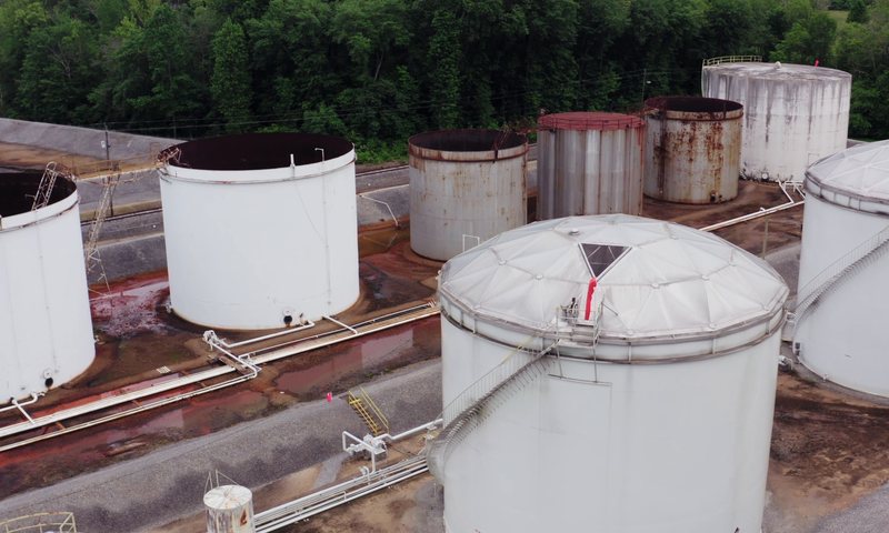 Storage tanks inside a containment berm, with connecting pipework